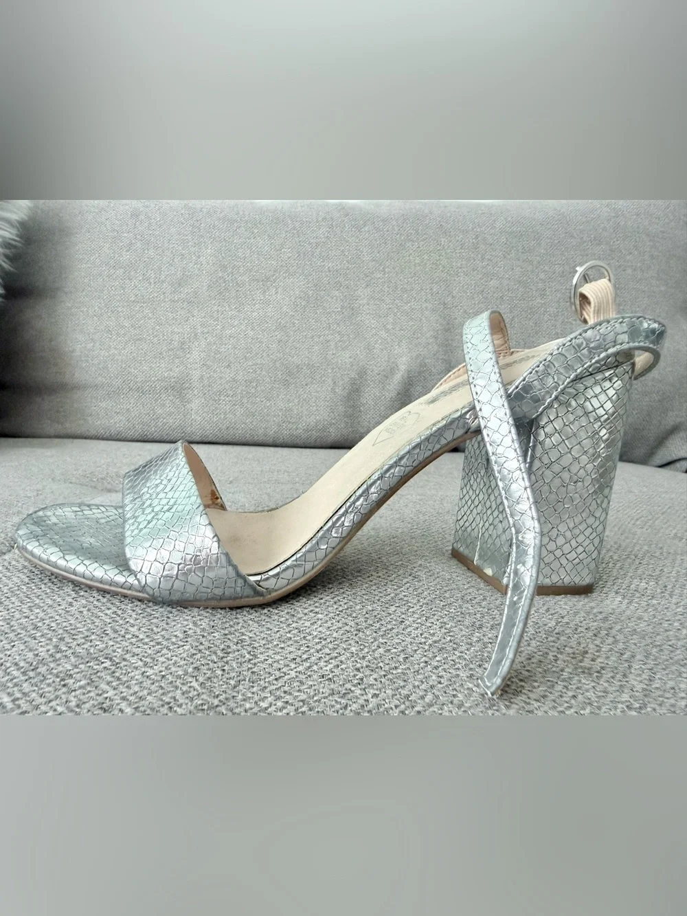Primark Silver Snake Print Block Heel Sandals Women’s US 8 EU 39 Ankle Strap